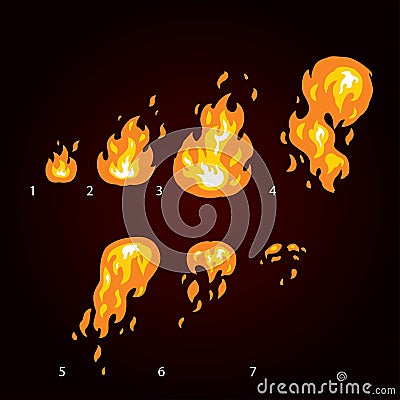 Animation of fire, flame, explosion. Sprite fire for game design. Vector Illustration