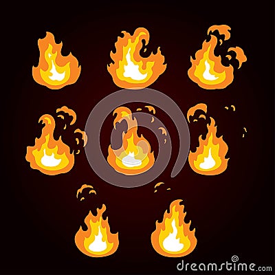 Animation of fire, flame, explosion. Sprite fire for game design. Vector Illustration