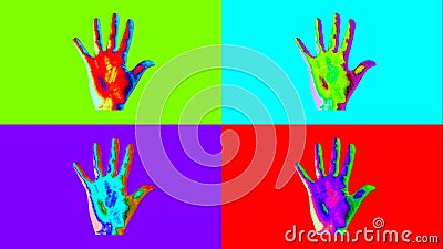 Animation of four human hands in bright colors Cartoon Illustration