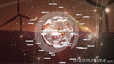 Animation of Globe of Connections with Words Spinning Over Wind