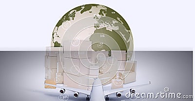 Animation of icons, cardboard boxes, airplane and globe Stock Photo