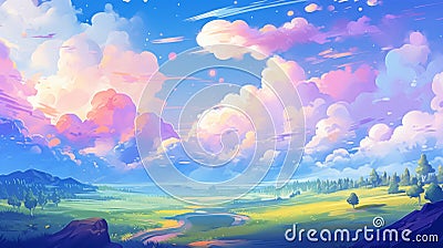 Dreamy Anime Landscape With Pink Sky And Azure Clouds Cartoon Illustration