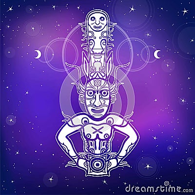 Animation image of ancient pagan god. Drawing of rock painting. Deity, idol, icon, totem. Vector Illustration