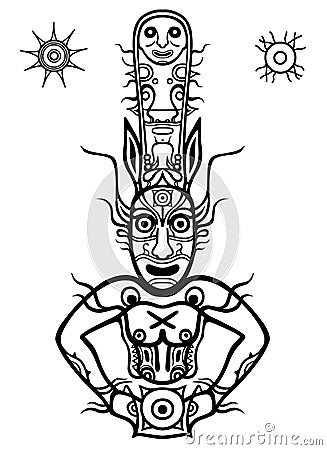 Animation image of ancient pagan god. The drawing on a stone a menhir. Solar symbols. Vector Illustration