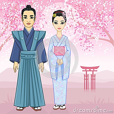 Animation Japanese family in ancient clothes. Vector Illustration