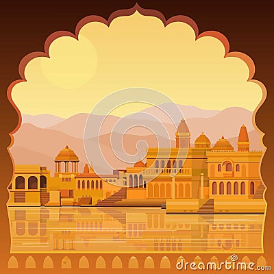 Animation landscape: the ancient Indian city: temples, palaces, dwellings, river bank. Vector Illustration