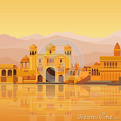 Animation landscape: the ancient Indian city: temples, palaces, dwellings, river bank. Vector Illustration