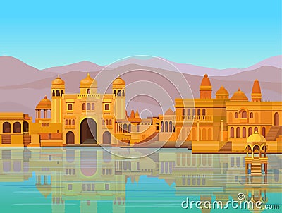 Animation landscape: the ancient Indian city: temples, palaces, dwellings, river bank. Vector Illustration