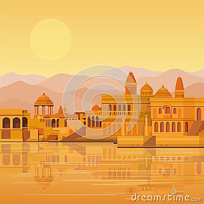 Animation landscape: the ancient Indian city: temples, palaces, dwellings, river bank. Vector Illustration