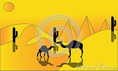 Animation landscape: desert, caravan of camels. Vector illustration. - A hot desert landscape illustration - Images vectorielles 2 Cartoon Illustration