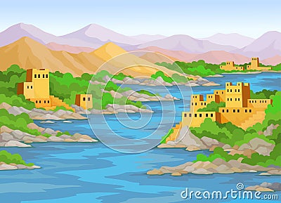 Animation landscape: river, ancient east city, mountains. Vector Illustration