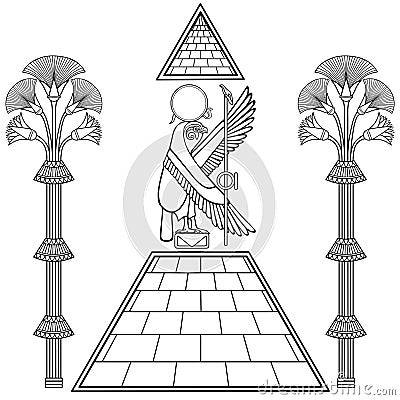 Animation linear drawing: Divine Falcon sits atop pyramid. Ornamental trees. Vector Illustration
