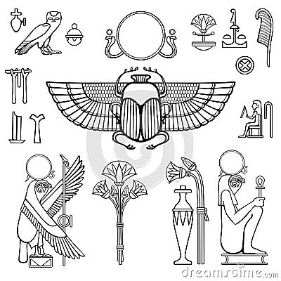 Animation linear drawing: set of Egyptian symbols. Vector Illustration