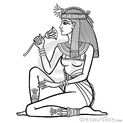 Animation linear portrait of beautiful Egyptian woman with flower. Goddess, princess. Vector Illustration