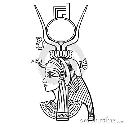 Animation linear portrait of beautiful Egyptian woman. Goddess Isis. Vector Illustration