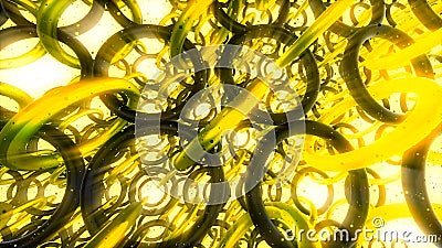 Animation with many rotating rings in chains. Motion. Multitude of 3d rings rotate in chains radiating colored light Stock Photo