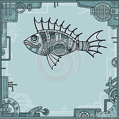 Animation mechanical fish. Background - a frame from metal details, the iron mechanism. Vector Illustration