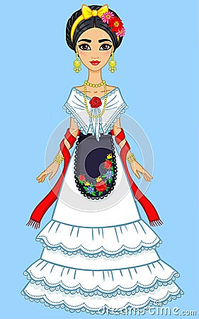 Animation Mexican girl in a festive dress. Vector Illustration