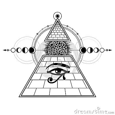 Animation monochrome drawing: ball of sun emerges from the Egyptian Pyramid. Vector Illustration