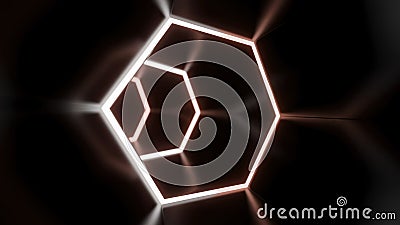 Animation in moving tunnel with hexagonal glowing lines. Design. Movement in rotating cyber tunnel with neon lines. Dark Stock Photo
