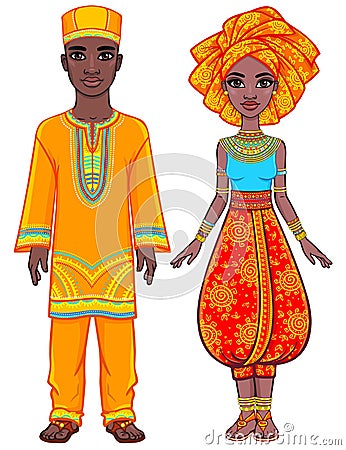 Animation portrait of the African family in bright ethnic clothes. Full growth. Vector Illustration