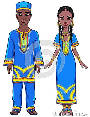 Animation portrait of the African family in bright ethnic clothes. Full growth. Vector Illustration