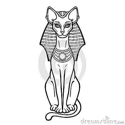 Animation portrait Ancient Egyptian goddess Bastet Bast in the royal headdress. Sacred cat. Vector Illustration