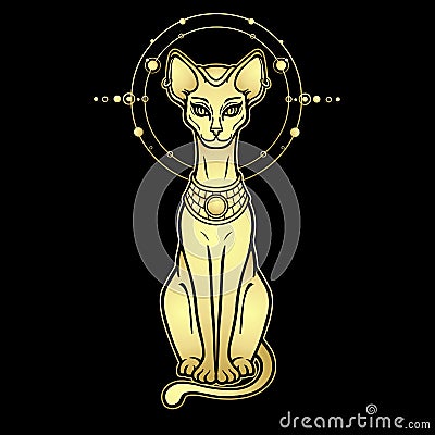 Animation portrait Ancient Egyptian goddess Bastet Bast. Sacred cat. Orbits of planets, space symbols. Vector Illustration