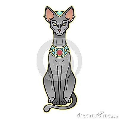 Animation portrait Ancient Egyptian goddess Bastet Bast. Sacred cat. Vector Illustration