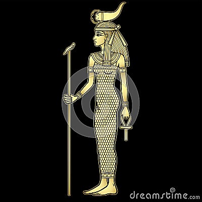 Animation portrait Ancient Egyptian goddess Selket holds symbols of power: staff and cross. Lord of the scorpions and the dead. Vector Illustration