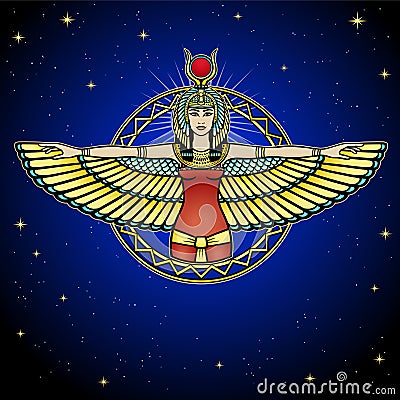 Animation portrait of ancient Egyptian winged goddess. Vector Illustration