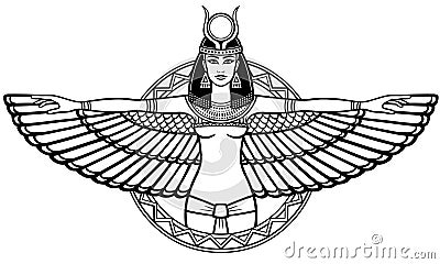 Animation portrait of the ancient Egyptian winged goddess. Vector Illustration