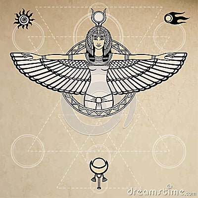 Animation portrait of the ancient Egyptian winged goddess. Space symbols. Sacred geometry. Vector illustration. Vector Illustration