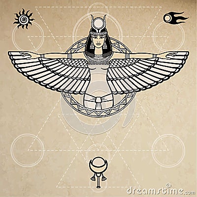 Animation portrait of the ancient Egyptian winged goddess. Space symbols. Sacred geometry. Vector illustration. Vector Illustration
