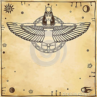 Animation portrait of the ancient Egyptian winged goddess. Space symbols. Vector illustration. Vector Illustration