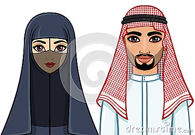 Animation portrait of the Arab family in traditional clothes. Vector Illustration