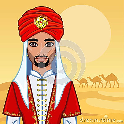 Animation portrait of the Arab man in ancient clothes. Vector Illustration