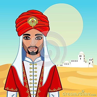 Animation portrait of the Arab man in ancient clothes. Vector Illustration