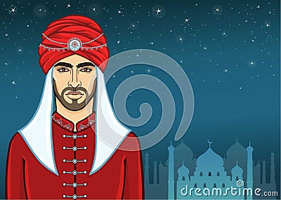 Animation portrait of the Arab man in a turban. Vector Illustration