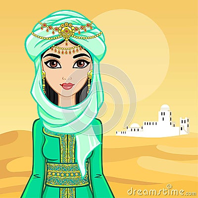 Animation portrait of the Arab woman in ancient clothes. Vector Illustration