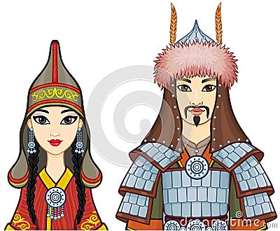 Animation portrait of Asian family in a national hat and clothes. Man warrior and Amazon woman. Vector Illustration