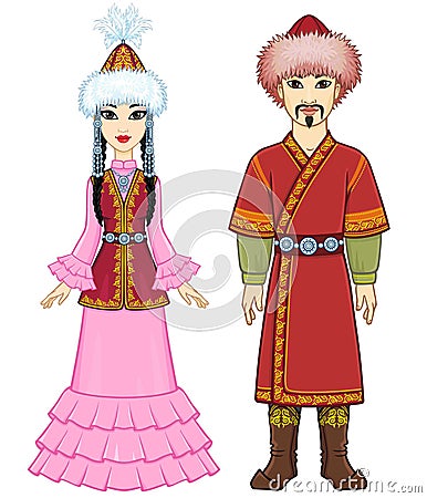 Animation portrait of Asian family in a national hat and clothes. Man warrior and Amazon woman.Animation portrait of Asian fam Vector Illustration