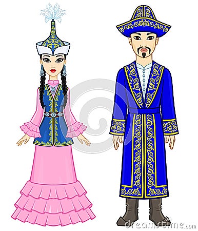 Animation portrait of Asian family in a national hat and clothes. Man warrior and Amazon woman.Animation portrait of Asian fam Vector Illustration