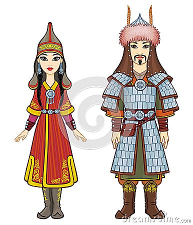 Animation portrait of Asian family in a national hat and clothes. Man warrior and Amazon woman. Vector Illustration