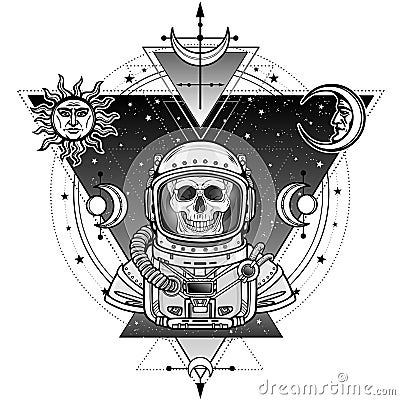 Animation portrait of the astronaut skeleton in a space suit. Background - the star sky, symbols of the moon and sun. Vector Illustration