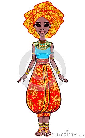 Animation portrait of the attractive African girl in a turban. Bright ethnic clothes. Vector Illustration