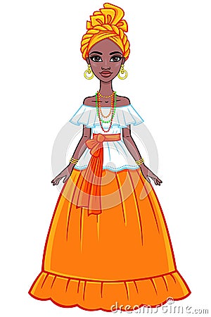 Animation portrait of the attractive Brazilian girl. Bright ethnic clothes. Full growth. Vector Illustration