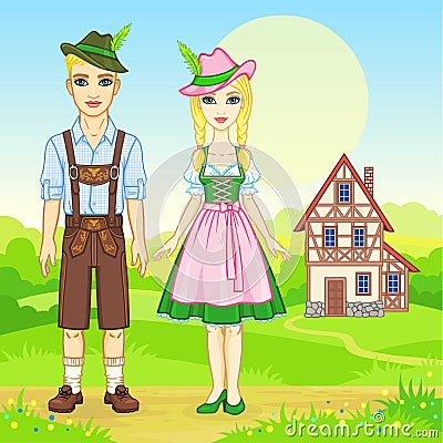 Animation portrait of the Bavarian family in ancient traditional clothes. Vector Illustration