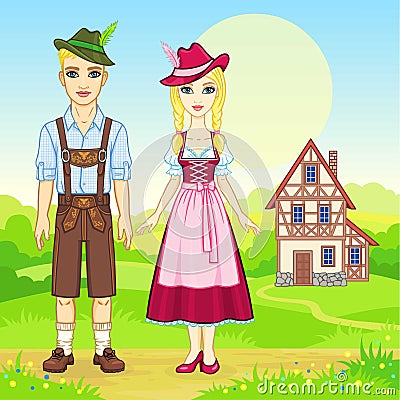 Animation portrait of the Bavarian family in ancient traditional clothes. Vector Illustration