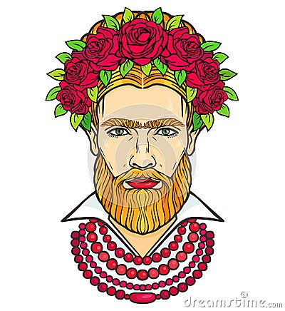 Animation portrait of the bearded man in beads and a wreath of roses. Mix men`s and feminine. Vector Illustration